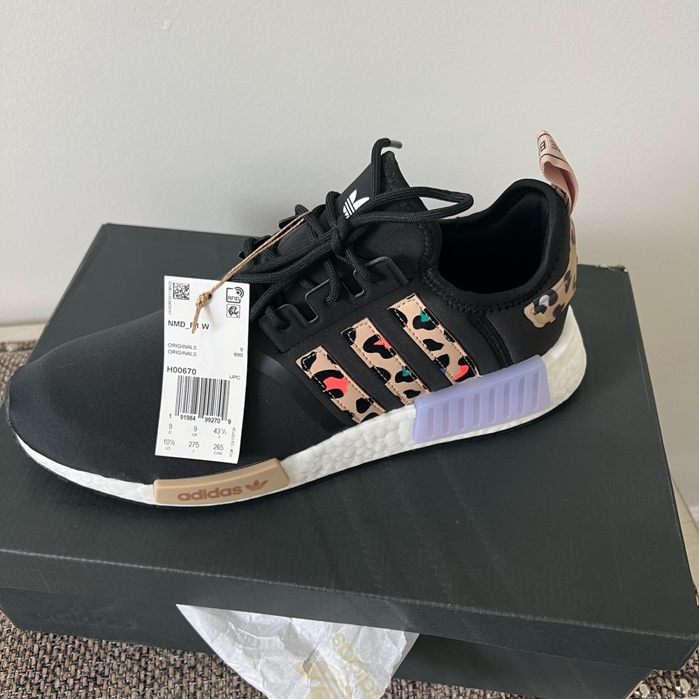 Womens addidas nmd R1 black with leopard print